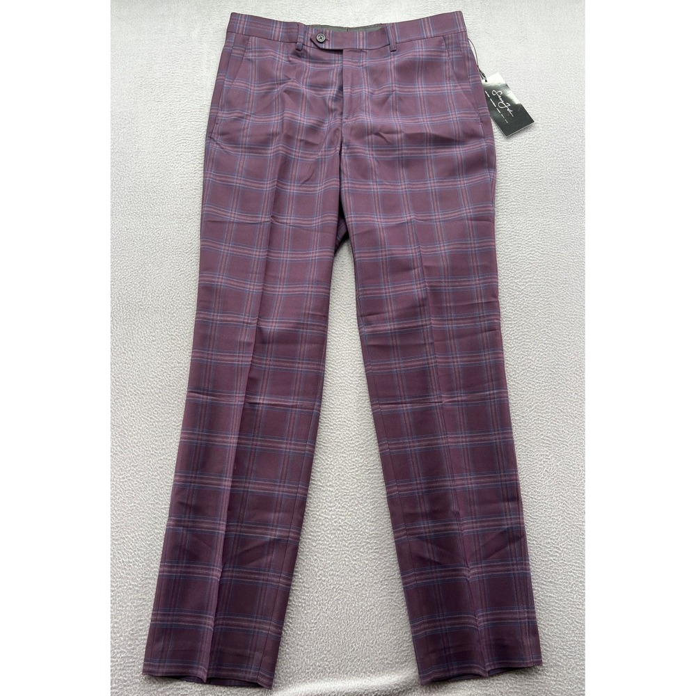 Sean John Pants Mens 34x32 Plaid Dress Burgundy Blue Flat Front Trousers